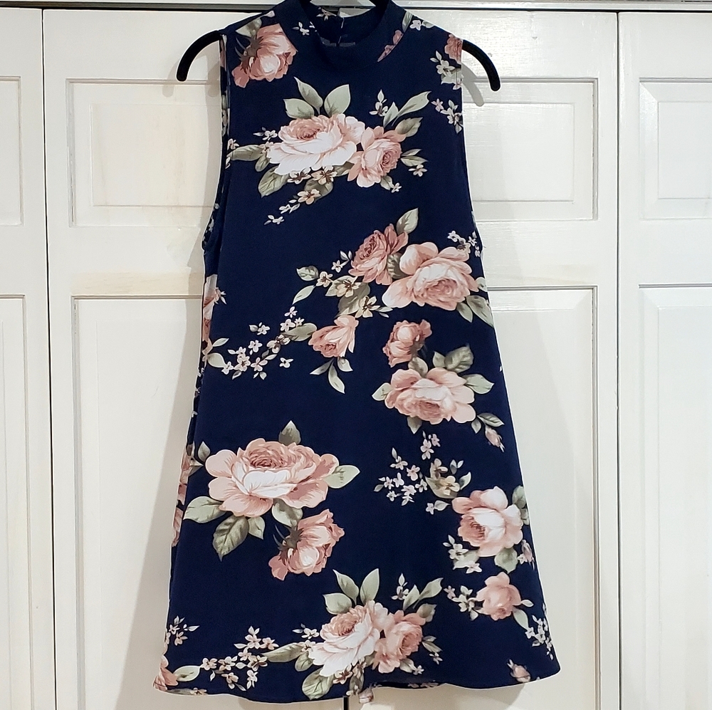 Navy Floral Sleeveless Summer Dress